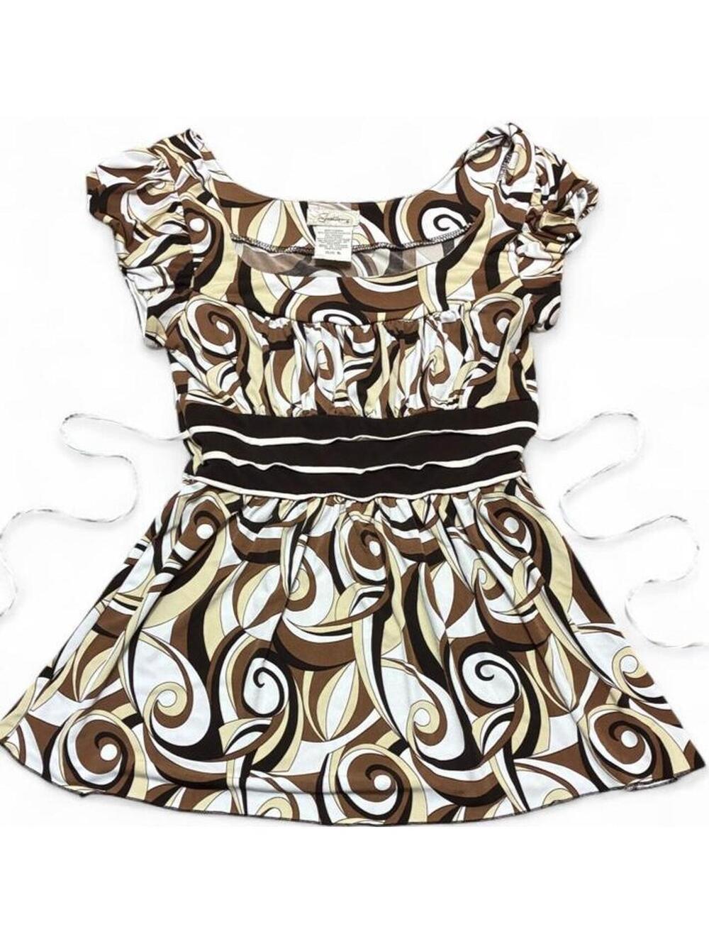 Y2K Brown Abstract Babydoll Tunic Top Side Tie Size S